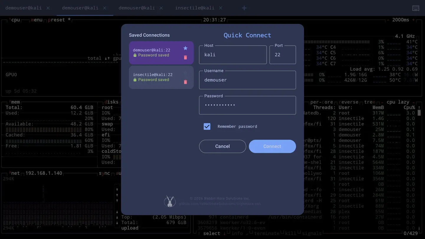 The Highmark SSH quick connect dialog, with saved connections and a host key prompt