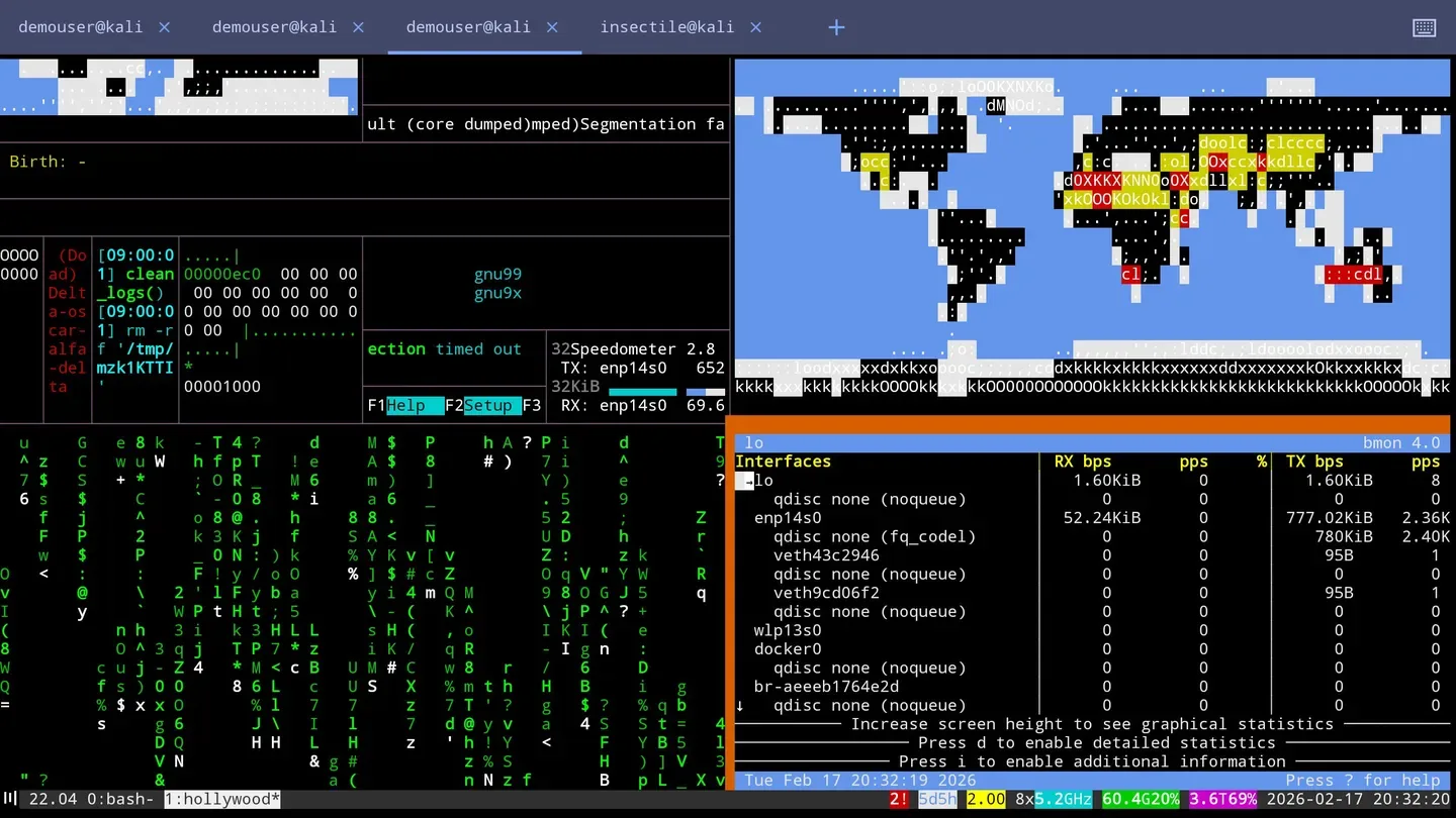 A tmux session in Highmark SSH split into four panes running different terminal applications