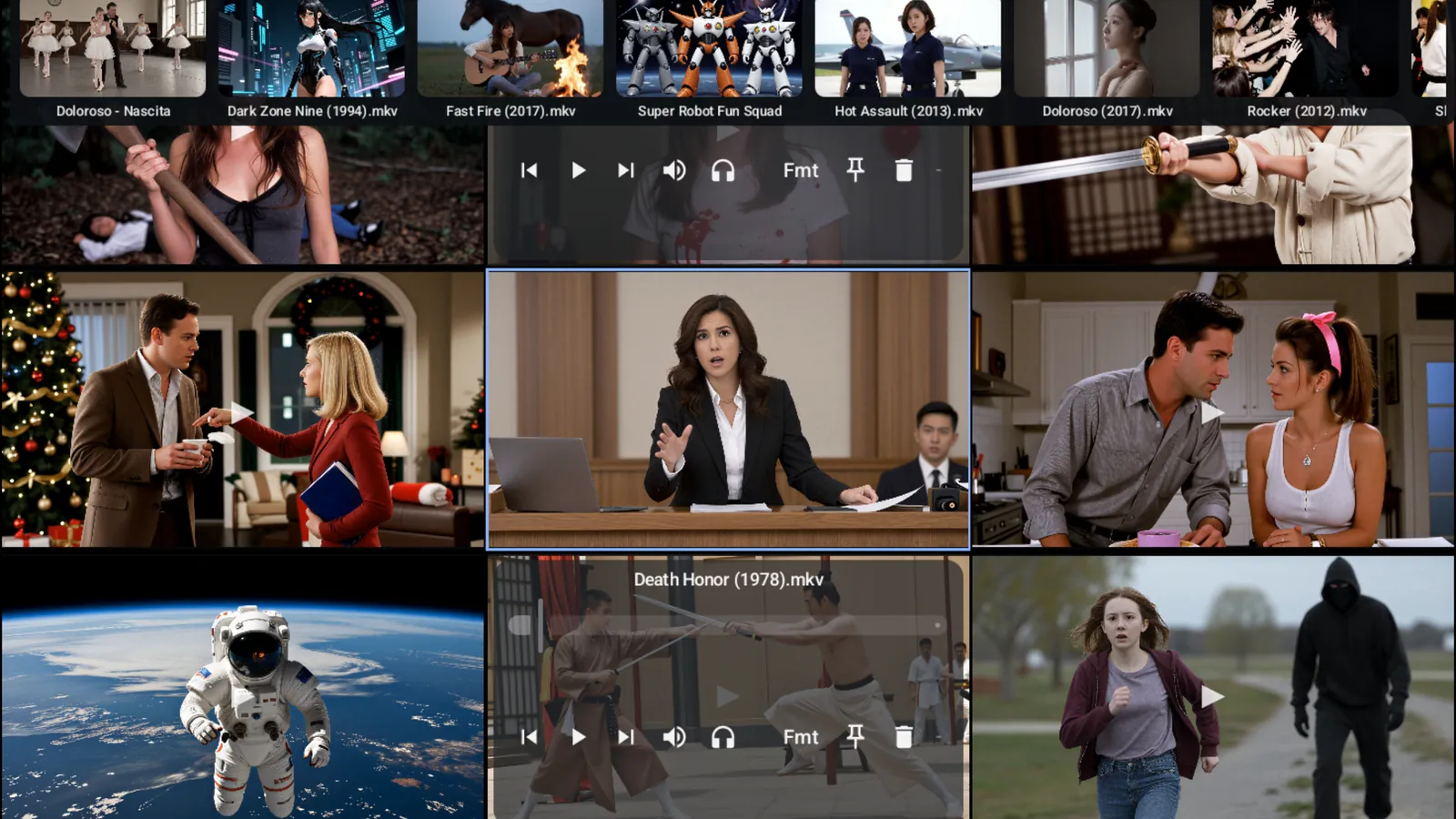 Dozens of videos playing simultaneously in a tiled grid in Tessera